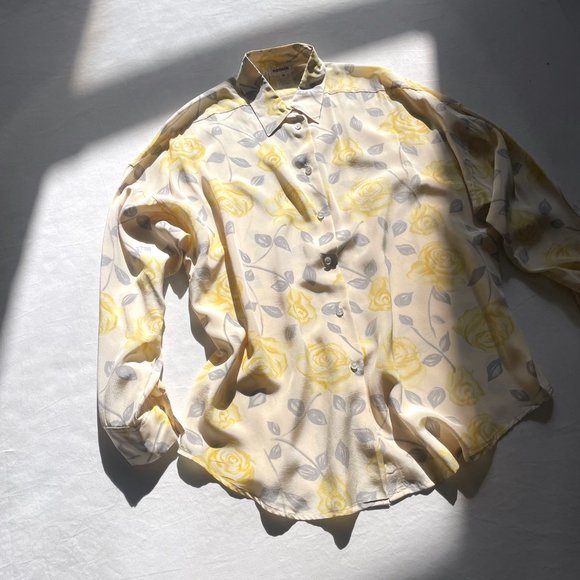 Vintage RODIER Paris Long Button-Up Yellow Rose Floral Silk Blouse sz 40 10 - Picture 7 of 12
